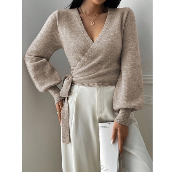 Khaki Wrap Knit Cardigan Long Sleeve Side Tie - Picture 3 of 8